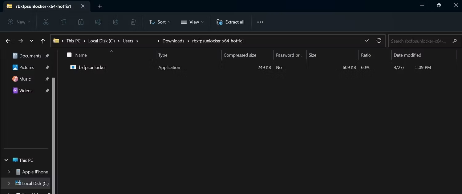 Roblox FPS Unlocker executable inside a ZIP archive in Windows Explorer