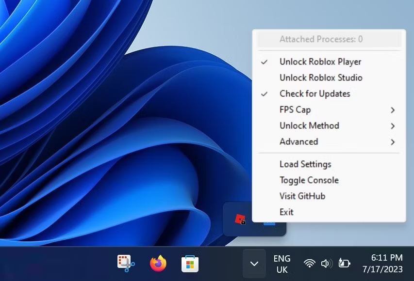 Roblox FPS Unlocker system tray menu on Windows 11