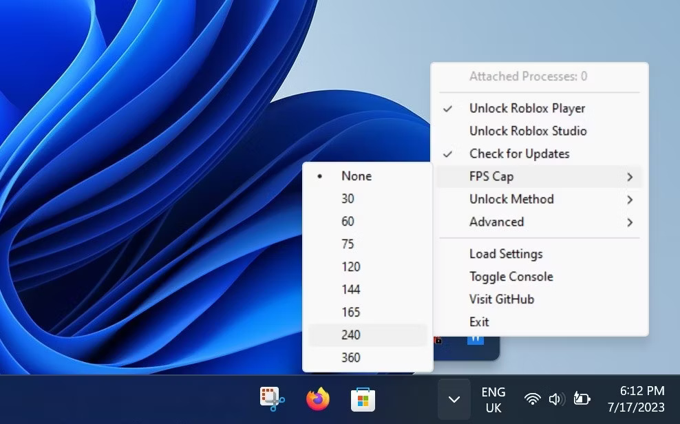 Roblox FPS Unlocker program tray menu with FPS Cap values from None to 360 FPS