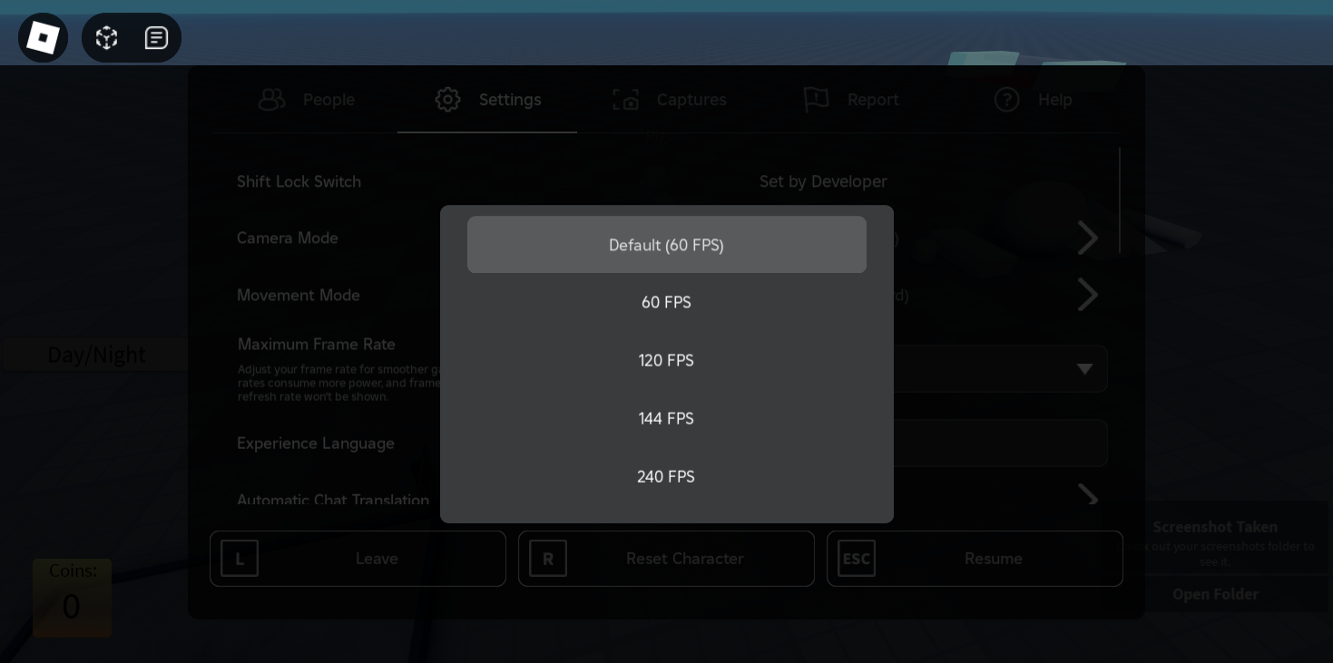 Roblox Maximum Frame Rate menu with 60, 120, 144 and 240 FPS options